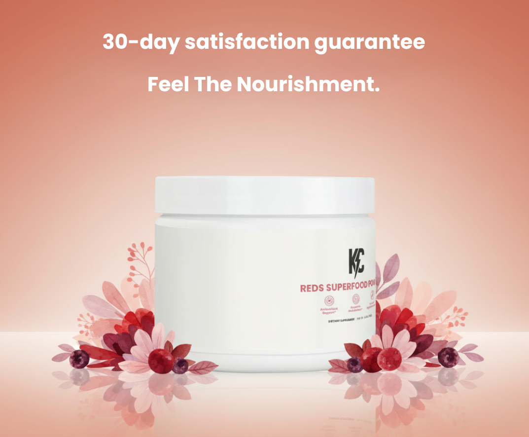 Reds Superfood supplement jar surrounded by red berry botanicals with text stating a 30-day money-back guarantee.