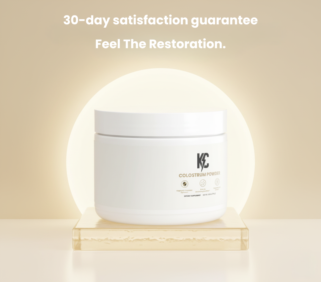 KC Colostrum Powder jar displayed in front of a glowing circle with text promoting a 30-day money-back guarantee.
