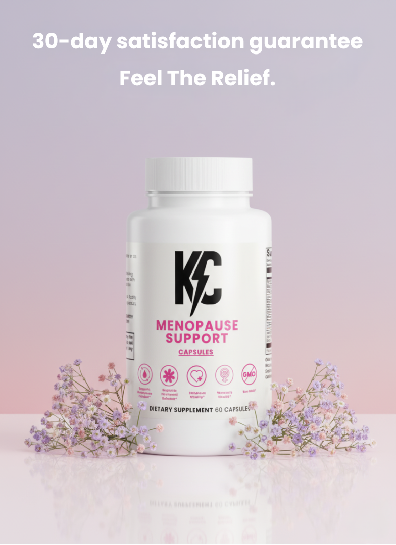Menopause Support supplement bottle standing among delicate flowers with a light pink and purple gradient background. Headline reads ‘30-Day Money Back Guarantee’ and subtext says ‘Feel The Relief.’