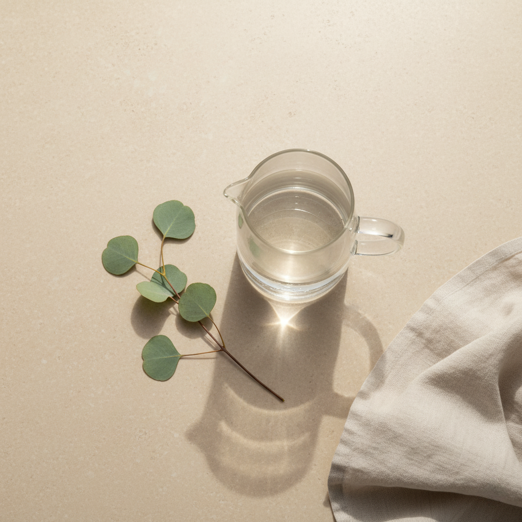 Minimal wellness flat lay with a glass pitcher of water, eucalyptus leaves, and soft linen cloth on a warm beige surface in natural sunlight.