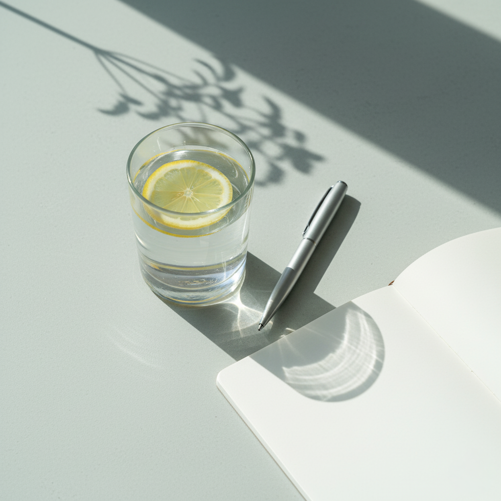 Calm wellness scene with a steaming herbal tea, lemon slices, rosemary sprig, and open journal on a soft sage green background.