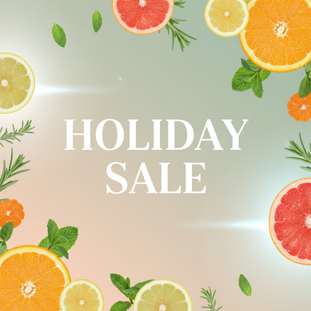 Light, fresh Holiday Sale banner with pastel colors and soft fruit/herbal accents.