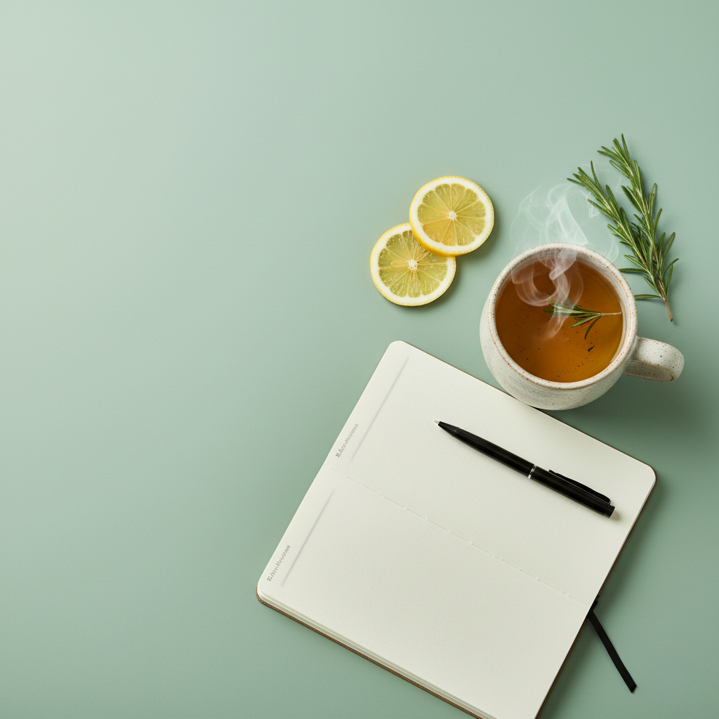 Crisp glass of water with lemon slice, notebook and silver pen on a light surface with botanical shadows in bright natural light.