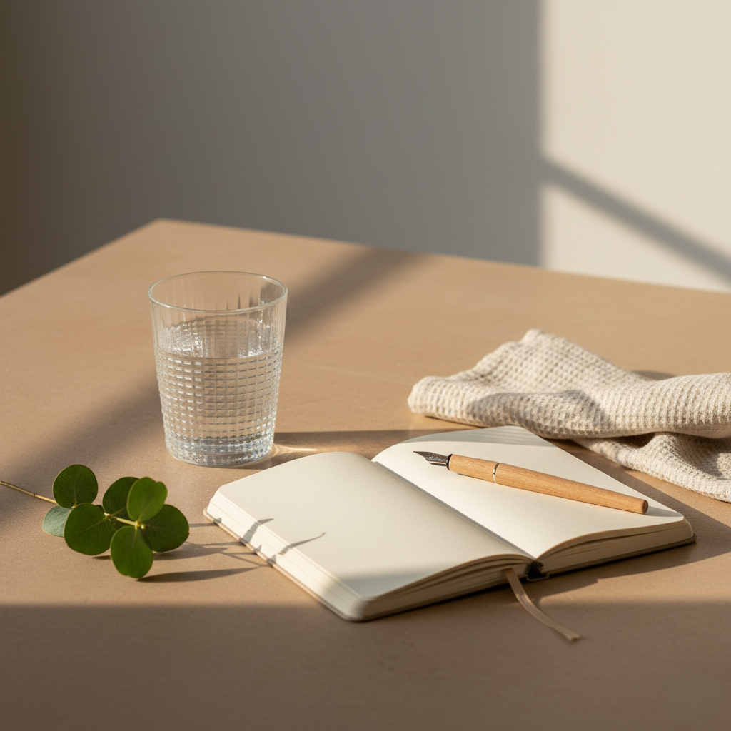 Soft morning light over a glass of water, open notebook, eucalyptus branch and neutral knitted cloth on a warm beige tabletop.