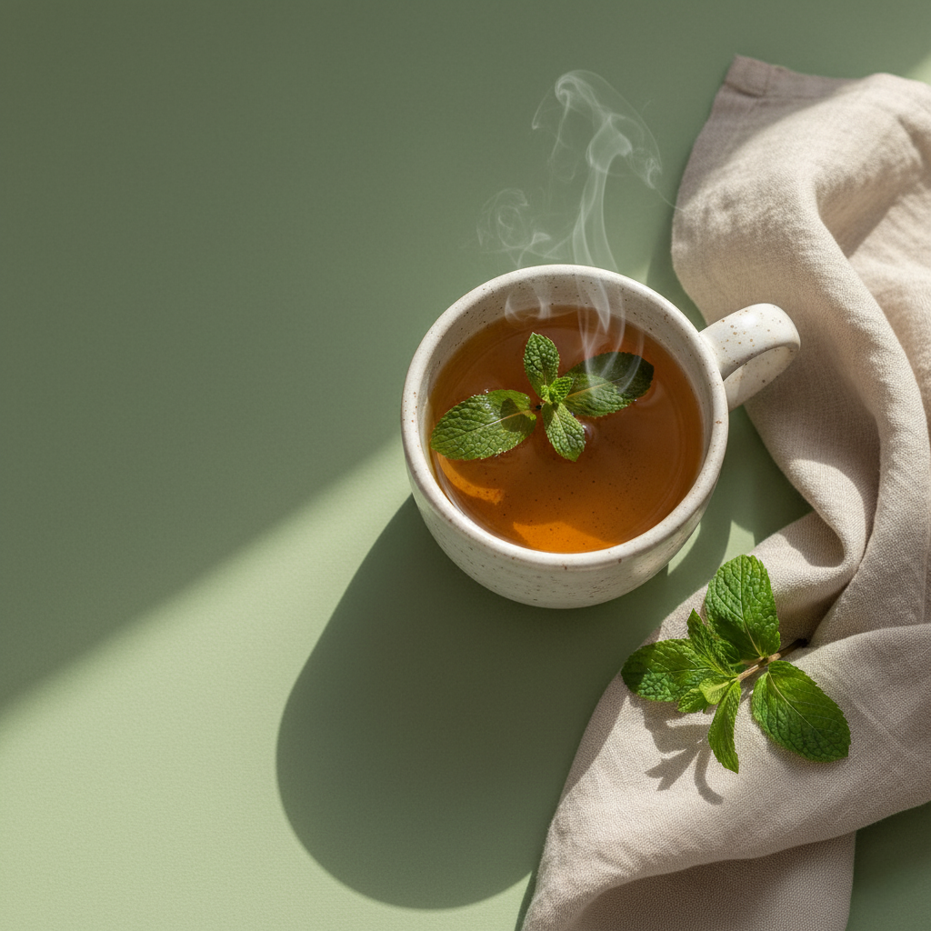 Steaming cup of herbal mint tea with fresh mint leaves and soft linen fabric on a gentle sage green background.