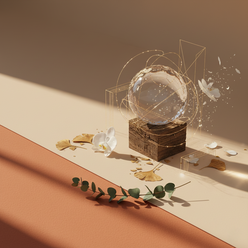 Aesthetic wellness background featuring a glass orb, wooden block, dried flowers, and warm natural lighting — ideal for a Strength & Vitality supplement collection.