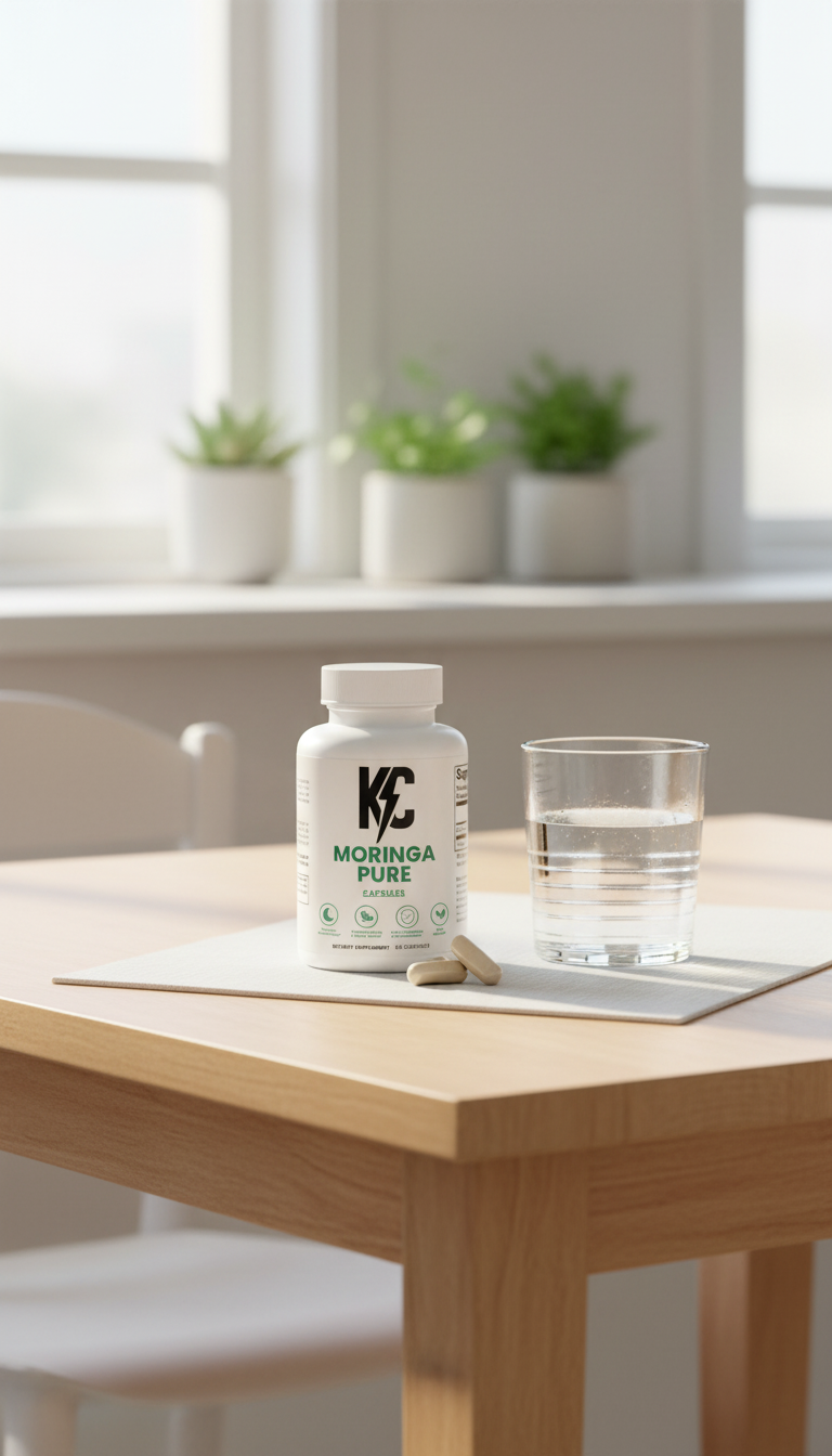 Moringa Pure supplement bottle with capsules and a glass of water on a wooden table, with potted plants blurred in the background.