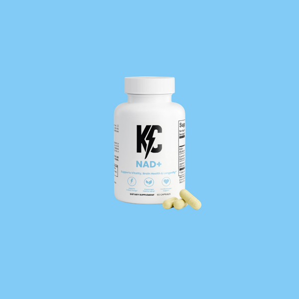 KC NAD+ supplement bottle with capsules displayed on clean background.