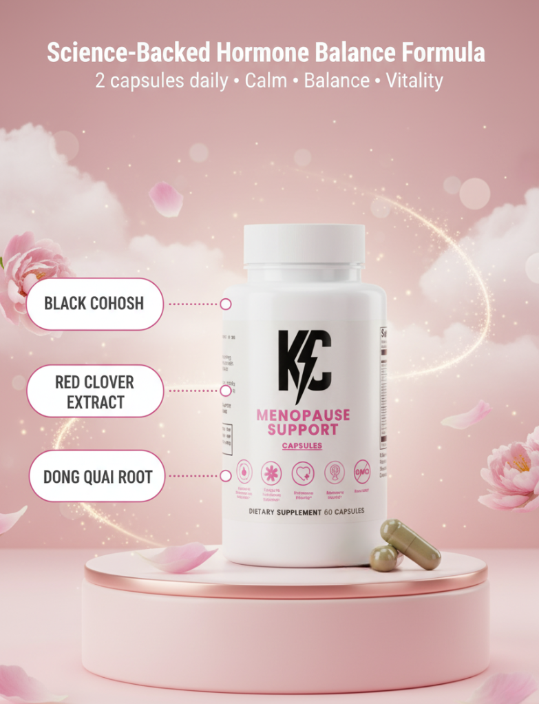 Menopause Support supplement bottle on a pink pedestal with ingredient callouts. Highlighted ingredients include Black Cohosh, Red Clover Extract, and Dong Quai Root under the headline ‘Science-Backed Hormone Balance Formula.’