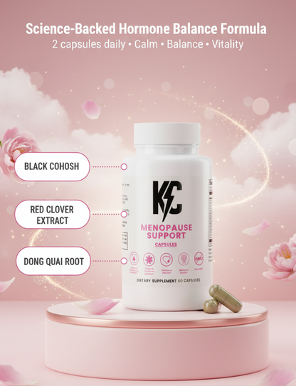 Menopause Support supplement bottle on a pink pedestal with ingredient callouts. Highlighted ingredients include Black Cohosh, Red Clover Extract, and Dong Quai Root under the headline ‘Science-Backed Hormone Balance Formula.’