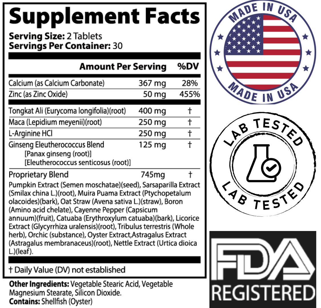 Men’s Vigor supplement facts panel with ingredients like Tongkat Ali, Maca, L-Arginine, Ginseng, and zinc. Includes 'Made in USA,' 'Lab Tested,' and 'FDA Registered' badges.