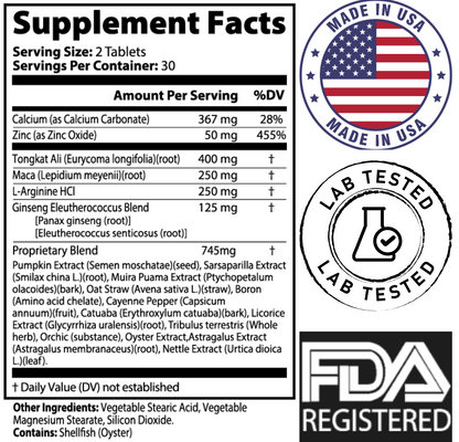 Men’s Vigor supplement facts panel with ingredients like Tongkat Ali, Maca, L-Arginine, Ginseng, and zinc. Includes 'Made in USA,' 'Lab Tested,' and 'FDA Registered' badges.