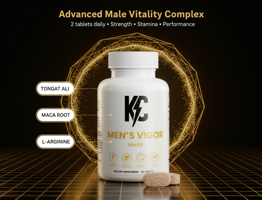 Men’s Vigor supplement bottle with Tongkat Ali, Maca Root, and L-Arginine ingredient callouts.