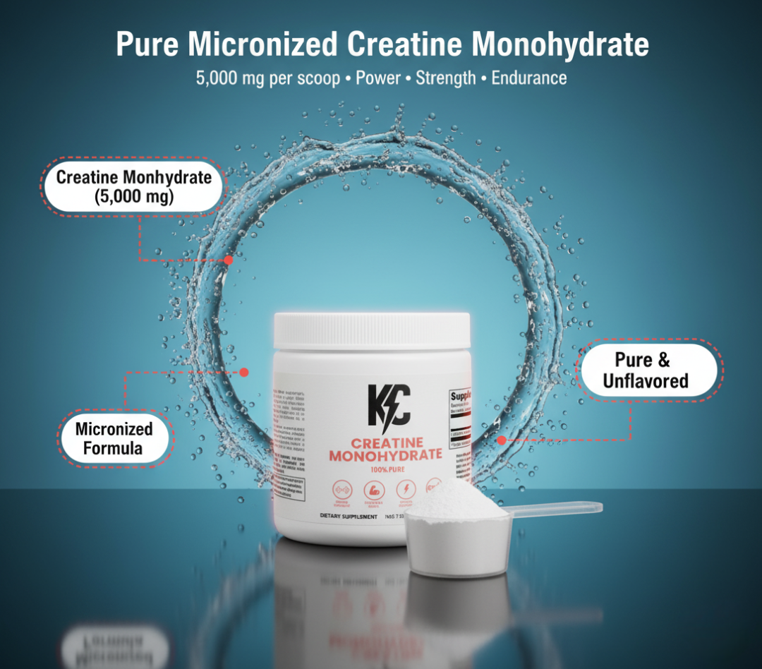 Creatine Monohydrate jar surrounded by water splash with callouts for micronized formula, pure & unflavored, 5,000 mg per scoop.