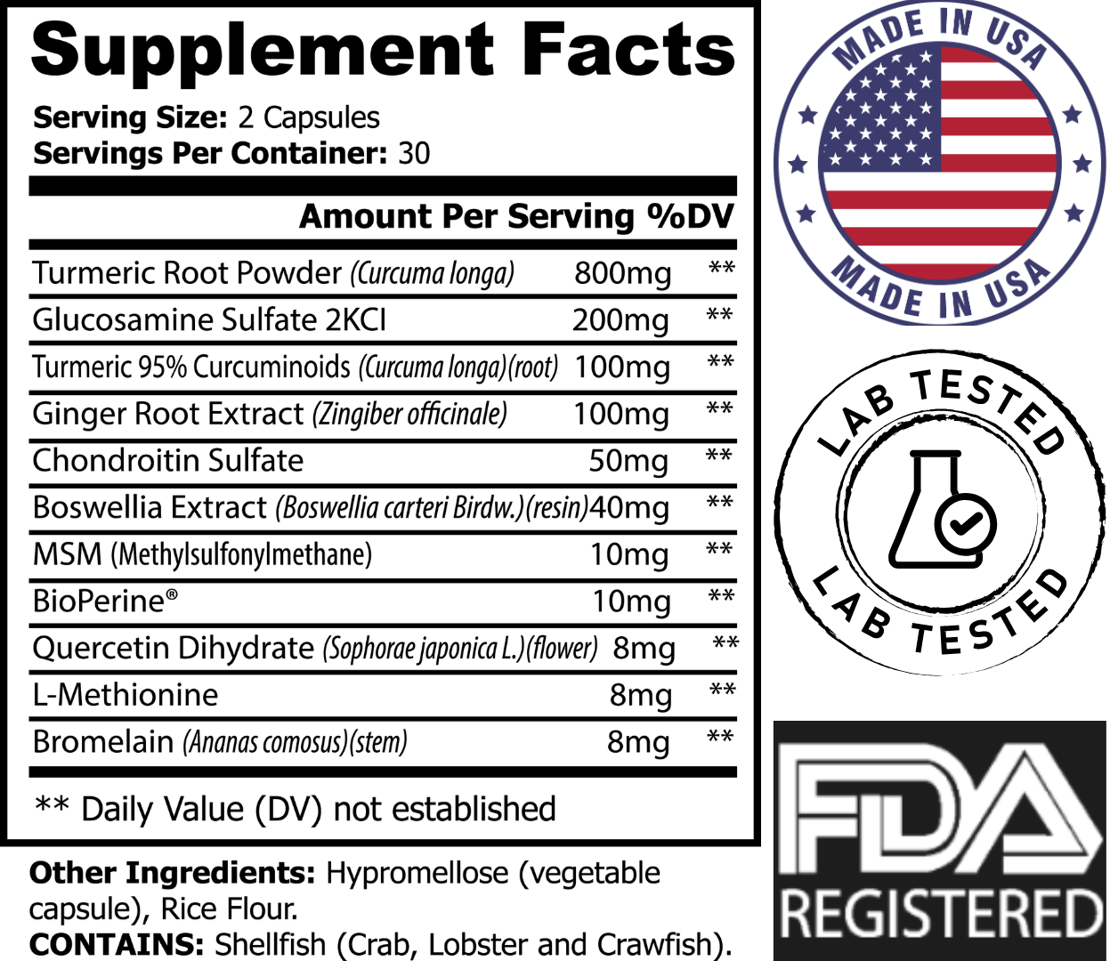 Platinum Turmeric supplement facts label showing turmeric root powder, glucosamine, turmeric curcuminoids, ginger, chondroitin, boswellia, MSM, BioPerine, quercetin, L-methionine, and bromelain. Includes Made in USA, Lab Tested, and FDA Registered badges.