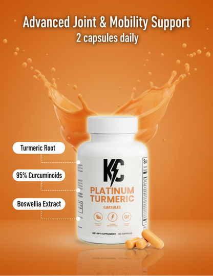Bottle of KC Platinum Turmeric with turmeric splash background and callouts for Turmeric Root, 95% Curcuminoids, and Boswellia Extract.