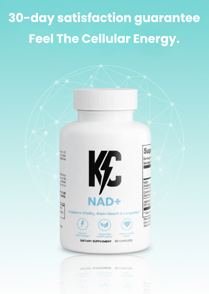 NAD+ capsules on teal gradient with network graphic and headline ‘30-Day Money Back Guarantee—Feel the Cellular Energy.’