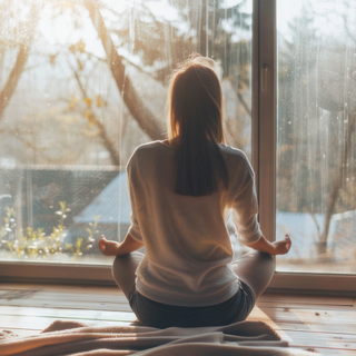 Woman meditating by a sunlit window—calm, steady energy without caffeine jitters.