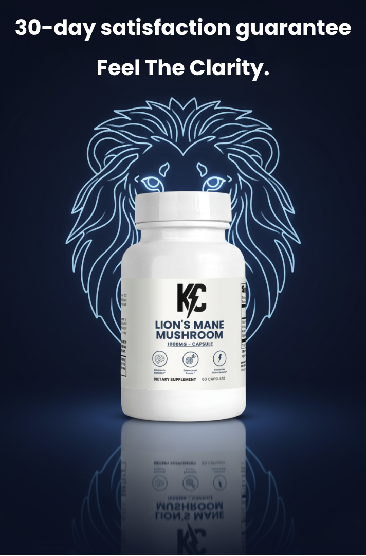 Lion’s Mane Mushroom supplement bottle with 30-day money-back guarantee promoting clarity and focus support.