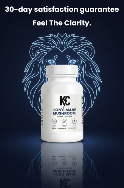 Lion’s Mane Mushroom supplement bottle with 30-day money-back guarantee promoting clarity and focus support.
