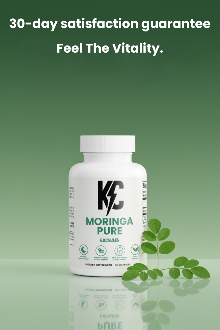 Moringa Pure bottle surrounded by moringa leaves with a 30-day money-back guarantee message on a green gradient background.