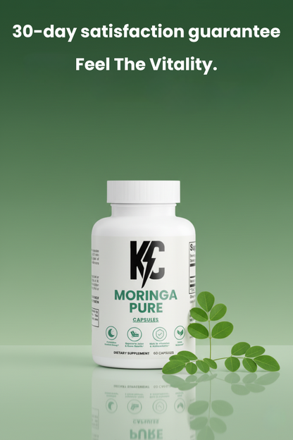 Moringa Pure bottle surrounded by moringa leaves with a 30-day money-back guarantee message on a green gradient background.