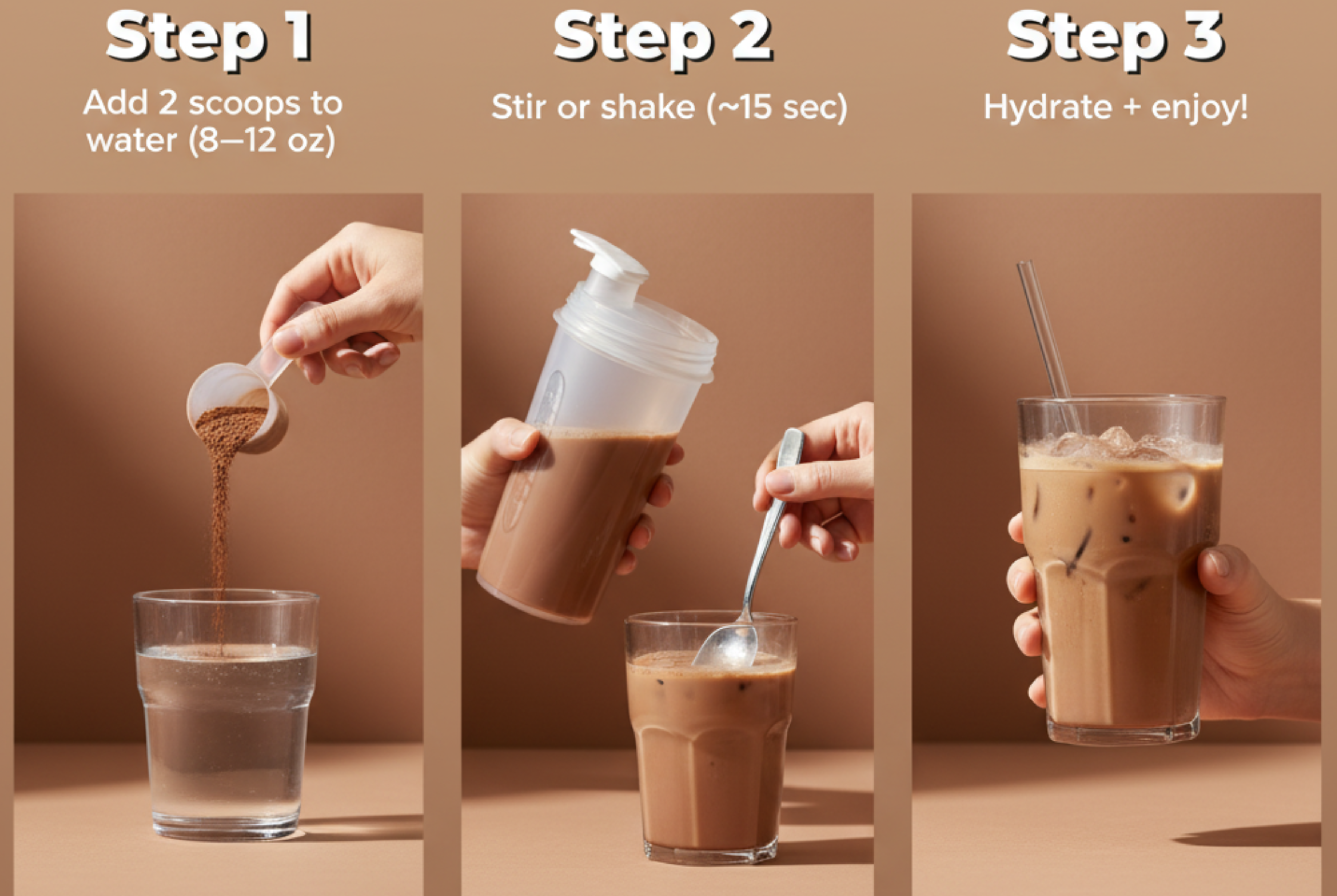 3-step guide for collagen drink: Step 1 add 2 scoops of collagen powder to 8–12 oz water; Step 2 stir or shake for about 15 seconds; Step 3 drink and enjoy.