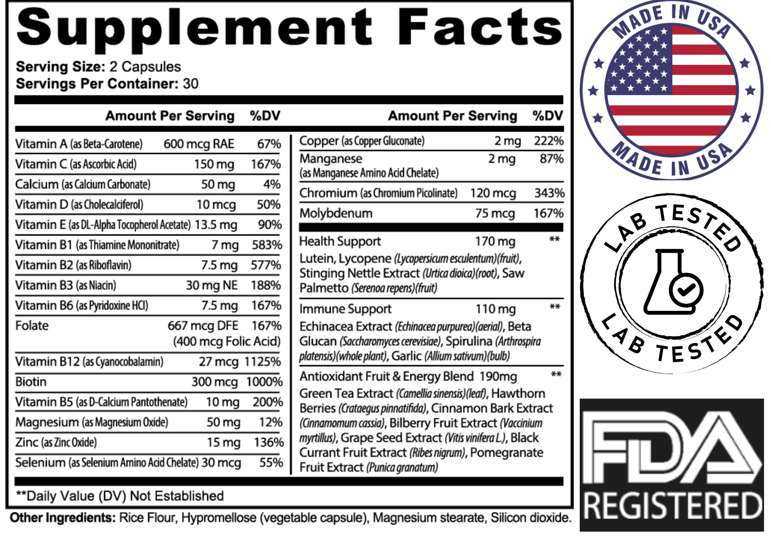 Complete Multivitamin Supplement Facts label showing nutrition values per serving (2 capsules) and daily value percentages. Right side features three certification-style badges: ‘Made in USA’ with an American flag, ‘Lab Tested’ with a beaker icon, and ‘FDA Registered’ in bold text. The supplement facts panel lists vitamins, minerals, herbal extracts, and other ingredients in a structured table