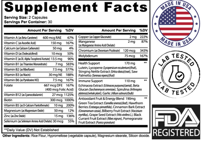 Complete Multivitamin Supplement Facts label showing nutrition values per serving (2 capsules) and daily value percentages. Right side features three certification-style badges: ‘Made in USA’ with an American flag, ‘Lab Tested’ with a beaker icon, and ‘FDA Registered’ in bold text. The supplement facts panel lists vitamins, minerals, herbal extracts, and other ingredients in a structured table