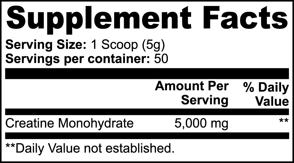 supplement facts label showing creatine monohydrate 5g per serving