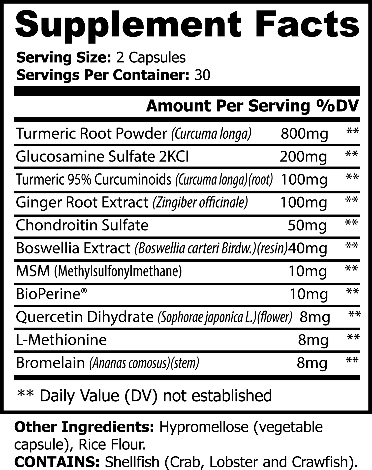Platinum Turmeric supplement facts label showing ingredients and dosages.