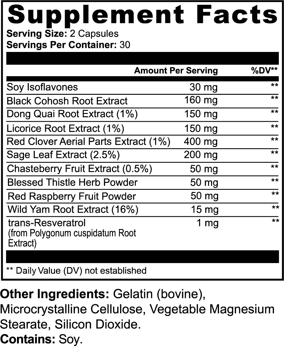 KC Menopause Support supplement facts — ingredients include soy isoflavones, black cohosh, red clover, chasteberry, dong quai, sage, and resveratrol.