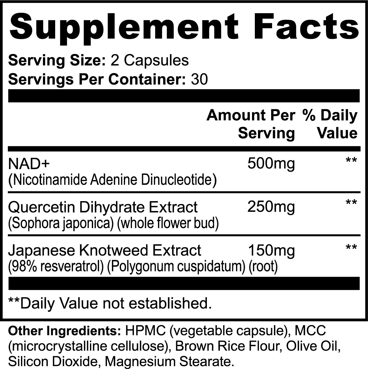 KC NAD+ Supplement Facts label highlighting 500mg NAD+, Quercetin, and Resveratrol per serving.