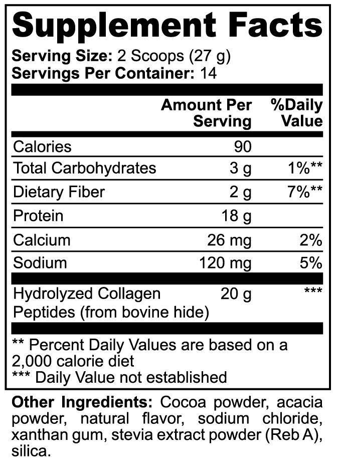 Supplement facts for KC Grass-Fed Collagen Peptides chocolate powder – 20g hydrolyzed collagen, 18g protein, 90 calories per serving.