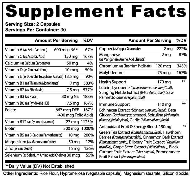 KC Complete Multivitamin supplement facts panel listing vitamins, minerals, and herbal extracts.