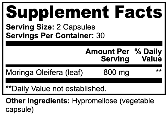 Supplement facts label for Moringa Pure capsules showing 800mg Moringa Oleifera leaf per serving with vegetable capsule.