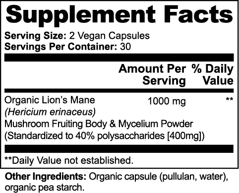 KC Lion’s Mane Supplement Facts—1000 mg organic Hericium erinaceus, standardized to 40% polysaccharides.