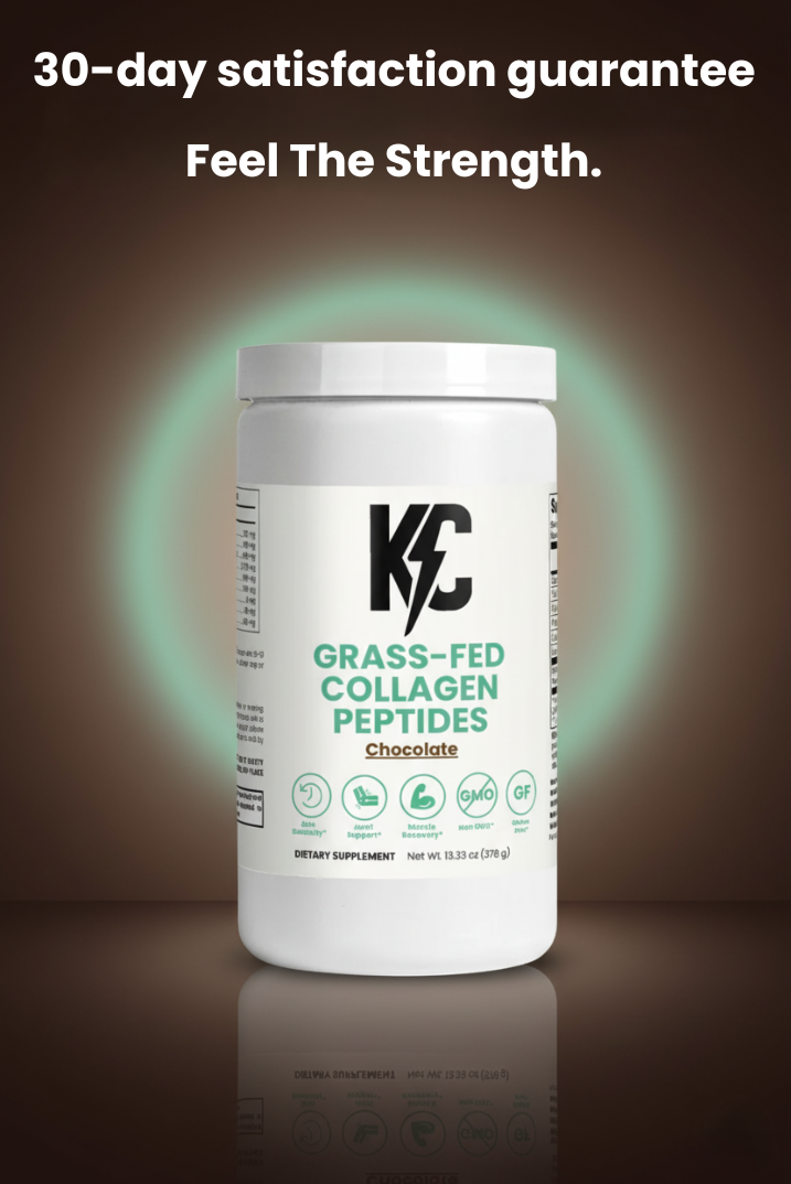 Grass-fed collagen peptides tub with text highlighting a 30-day money-back guarantee.