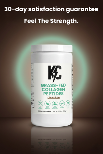 Grass-fed collagen peptides tub with text highlighting a 30-day money-back guarantee.