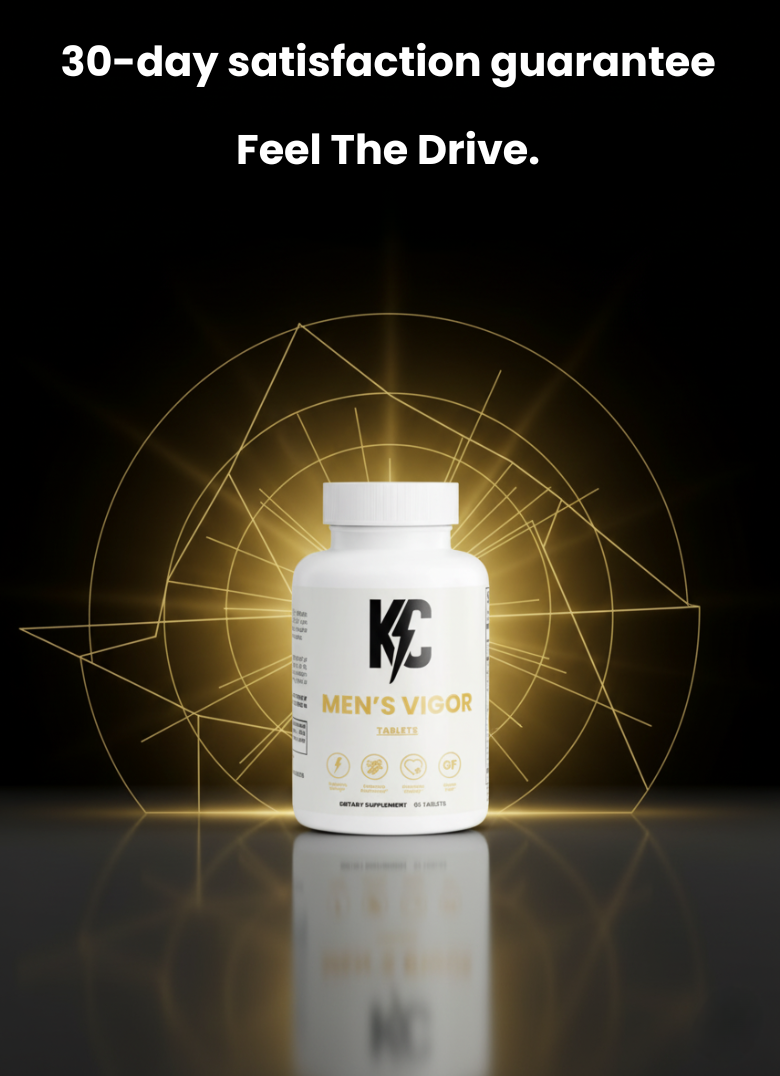 Men’s Vigor supplement bottle with 30-day money-back guarantee message.