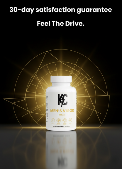 Men’s Vigor supplement bottle with 30-day money-back guarantee message.