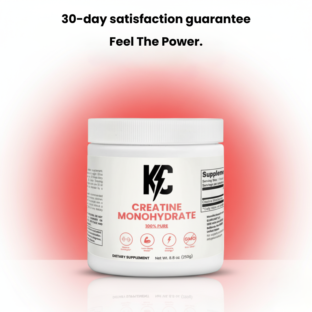 Creatine Monohydrate bottle on red gradient background with 30-day money-back guarantee text.
