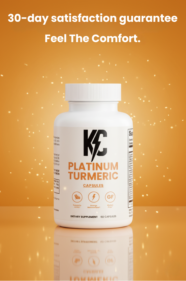KC Platinum Turmeric bottle with glowing background and text stating 30-Day Money Back Guarantee.