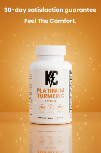 KC Platinum Turmeric bottle with glowing background and text stating 30-Day Money Back Guarantee.