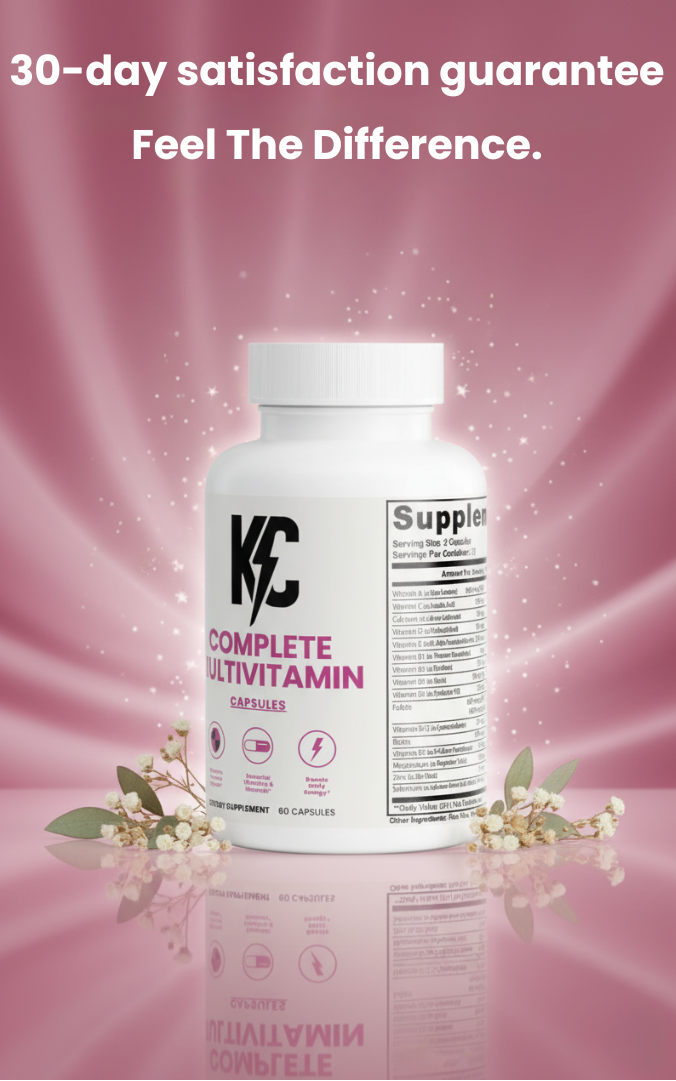 KC Complete Multivitamin bottle with 30-Day Money-Back Guarantee message, soft pink wellness background.