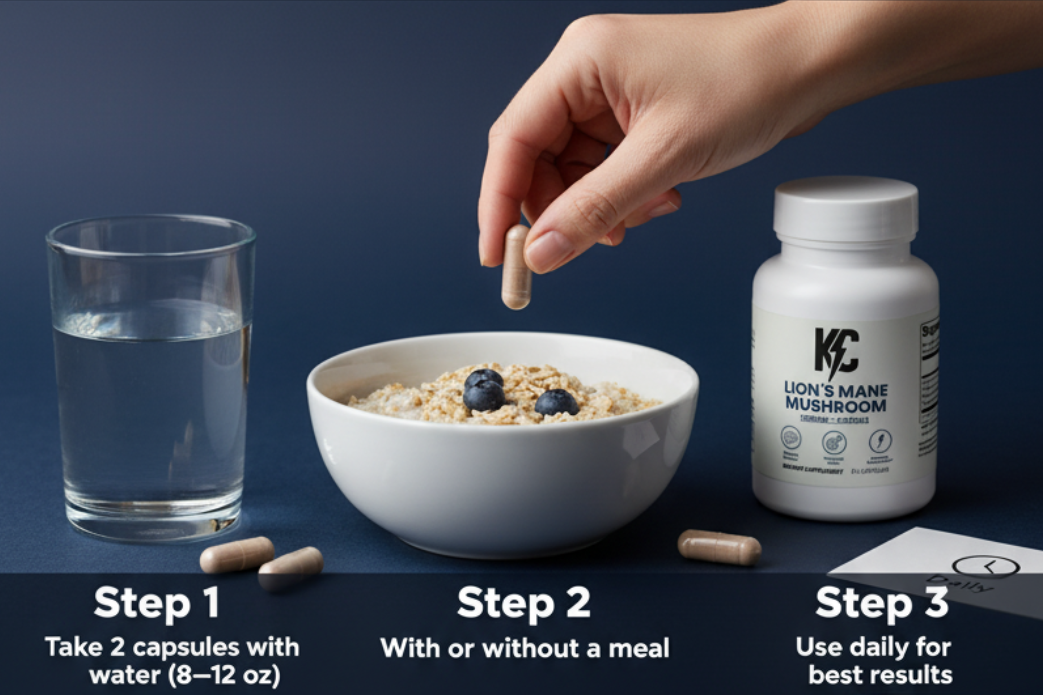 Lion’s Mane Mushroom supplement instructions: Step 1 take 2 capsules with 8–12 oz water, Step 2 take with or without a meal, Step 3 use daily for best results. Image shows capsules, water glass, bowl of oatmeal, and supplement bottle.