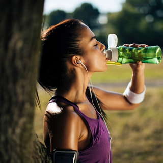 Woman in sportswear drinking water from a bottle after exercise, symbolizing deep hydration and cellular recovery.