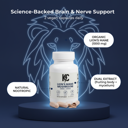 Organic Lion’s Mane Mushroom supplement with dual extract of fruiting body and mycelium; natural nootropic brain support.