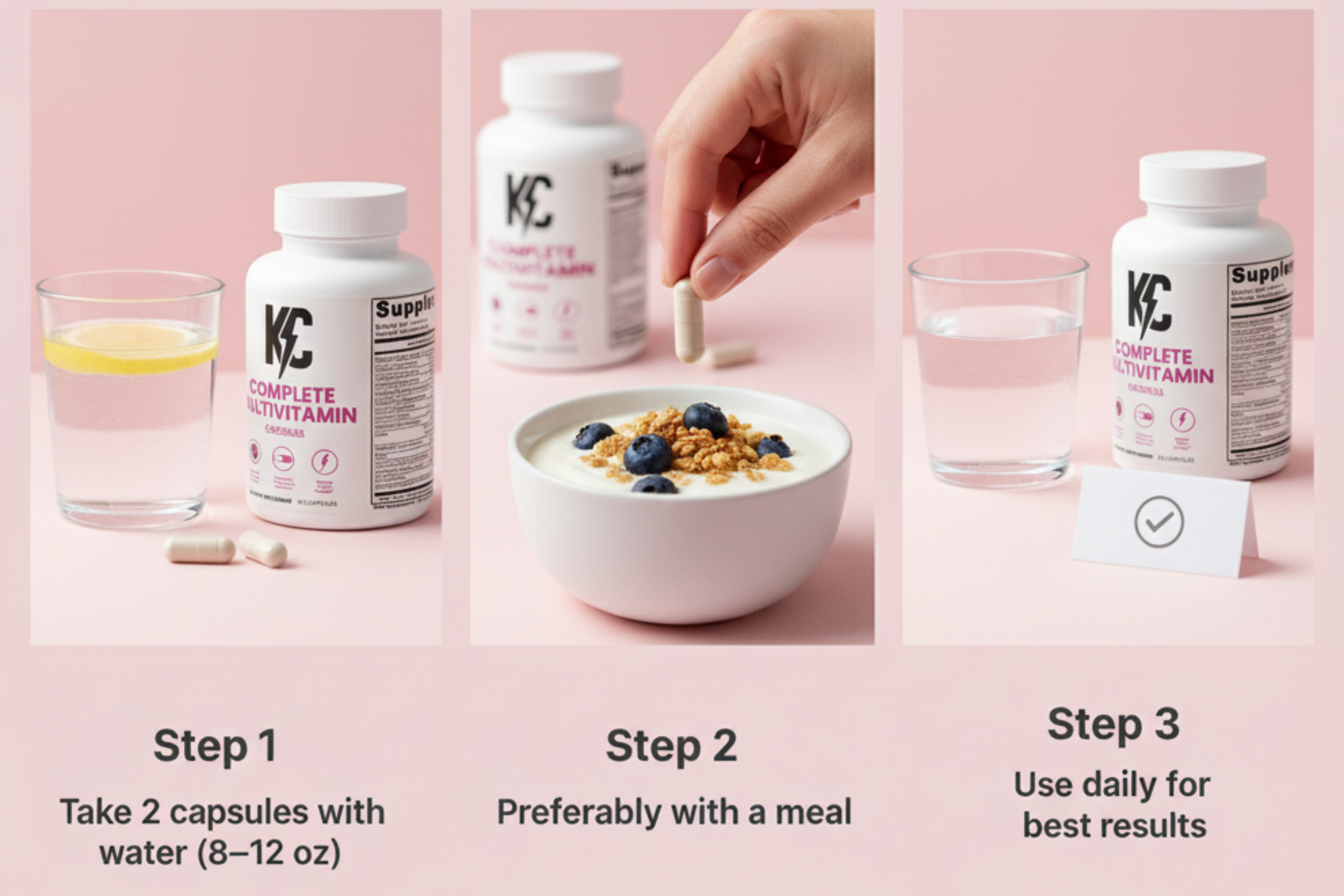 Three-step guide showing a bottle of multivitamins, water, capsules, and yogurt on a pink background.