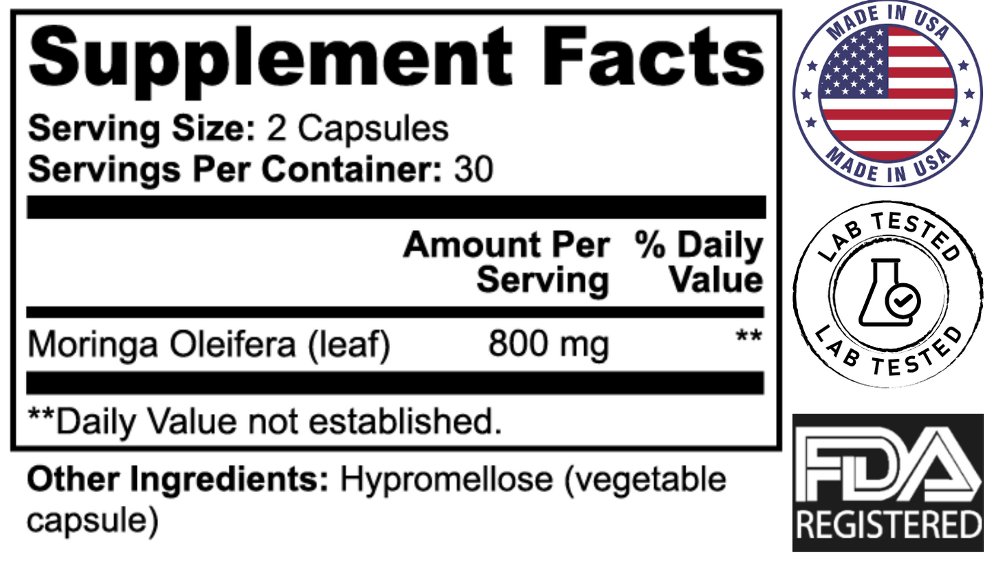Moringa Pure supplement facts showing 800 mg Moringa Oleifera leaf per 2-capsule serving, with ‘Made in USA,’ ‘Lab Tested,’ and ‘FDA Registered’ badges on the right.